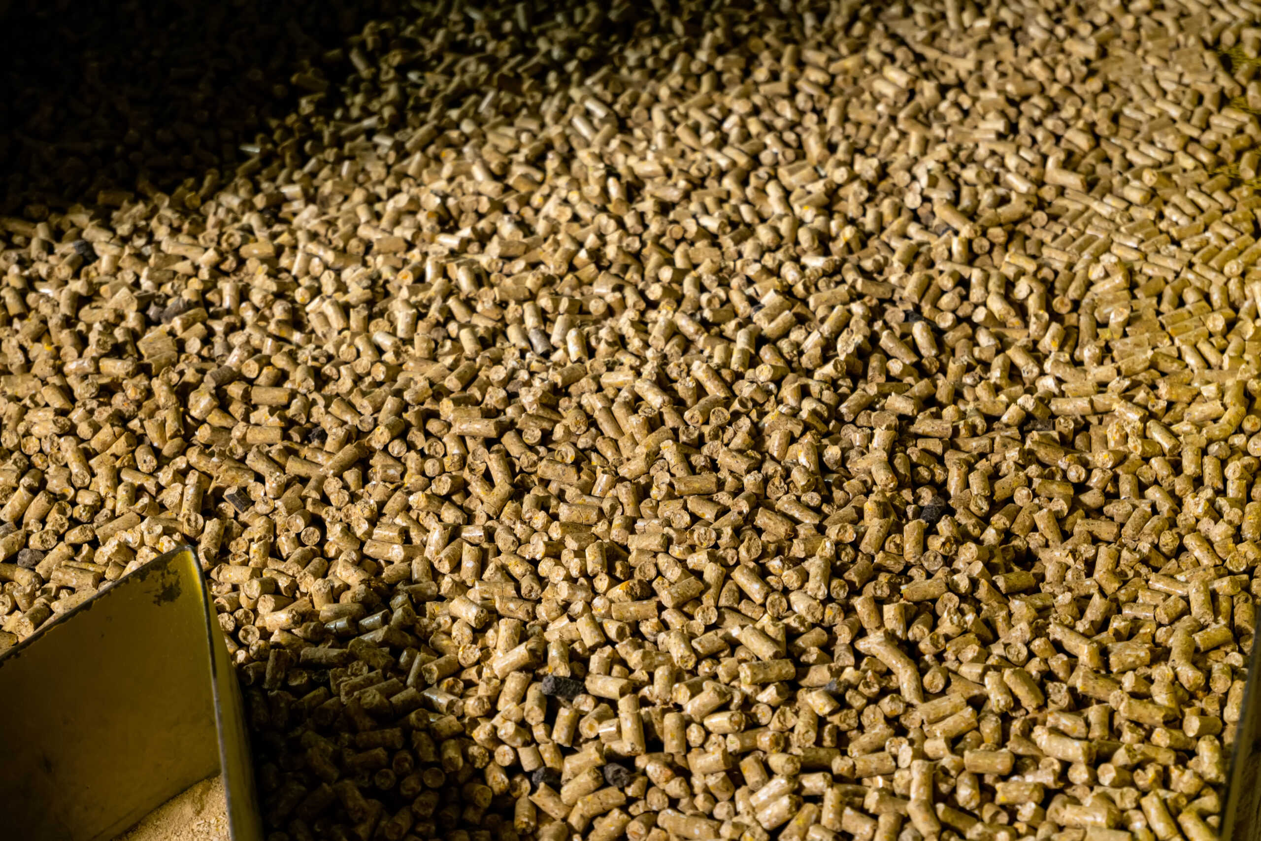 Production of combined pelleted animal feed from organic ingredients.