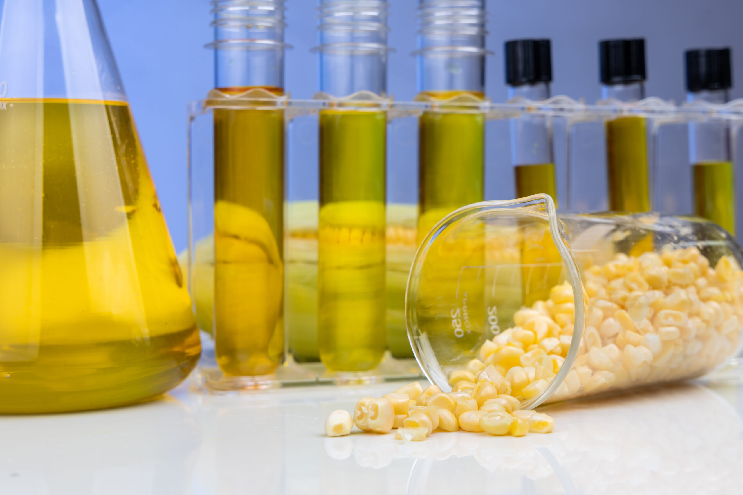 Close-up of ethanol biofuel derived from corn maze with beaker and test tubes in laboratory