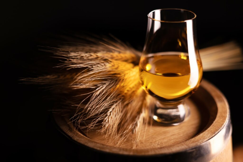 A glass of alcohol next to rye stalks sitting on an oak barrel.